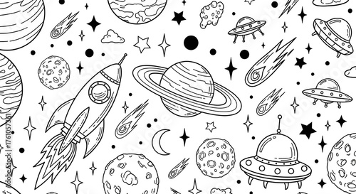 Whimsical hand drawn doodle pattern of planets rockets stars moons and ufos creating a fun cosmic space adventure theme