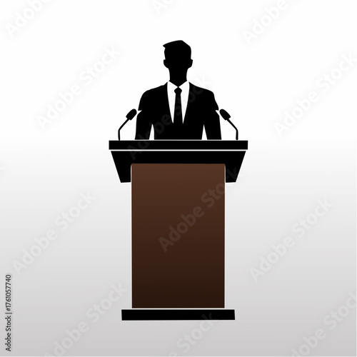 Vector silhouette of speaker standing at podium with microphones