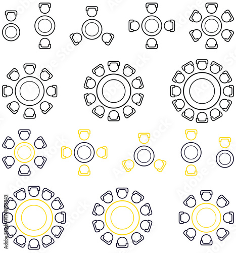 Top view office Meeting Table and Chair Layout. Conference room, Restaurant Table and chair, Round table with chair, Office furniture, Minimal Table and chair Flat seating plan. 