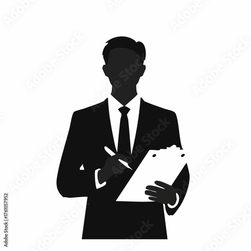Confident business professional reviewing documents and taking notes on a clipboard, perfect for corporate communications or illustrating efficiency and focus