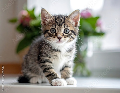 Wallpaper Mural Adorable striped kitten sits, looking at the viewer. Flowers in background Torontodigital.ca