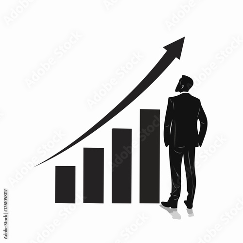 Confident businessman analyzes rising growth chart, envisioning future success and strategic financial planning in modern business, professional achievement