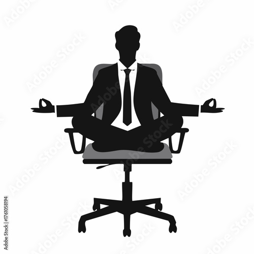 Businessman finding inner peace and calm while meditating in a lotus pose on an office chair, promoting work life balance and mental clarity.