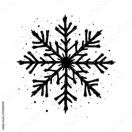 Artistic black Christmas snowflake design with ink splatter details, hand-drawn sketch style on white background. Concept of winter and uniqueness