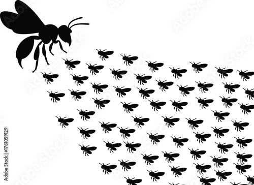 An aerial swarm of individual wasps flying in formation below a larger wasp, symbolizing unity, teamwork, and collective action in nature