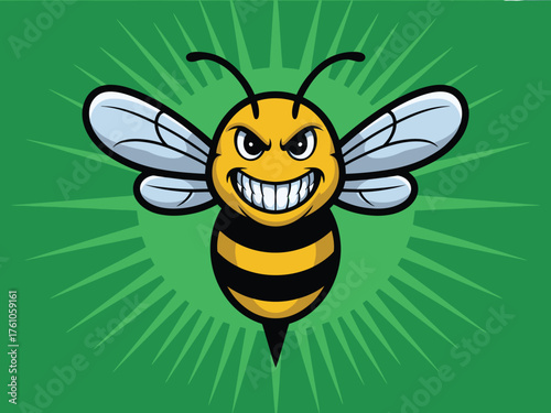 A high-definition vector illustration of an aggressive bee mascot character showing its teeth in a fierce, menacing grin