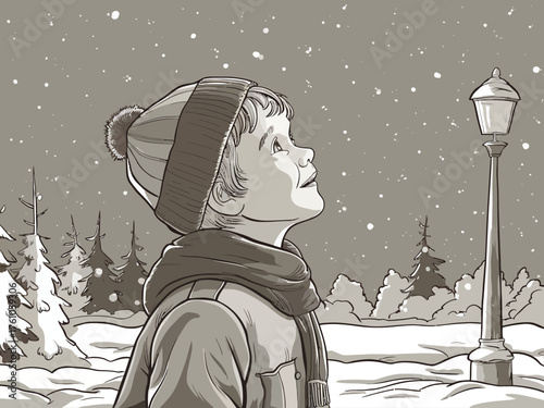 Joyful child in winter wonderland, admiring the falling snowflakes under a lamppost