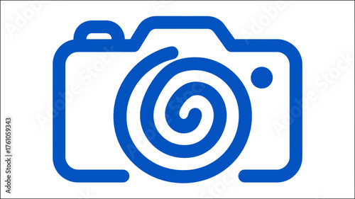 Sleek blue camera outline icon with a unique spiral lens, symbolizing photography, creativity, media, and visual storytelling.