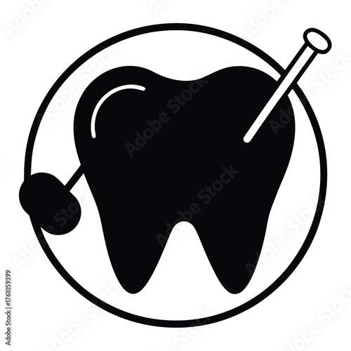 Black icon of a tooth pierced by a needle within a circle, representing dental injection or pain vector