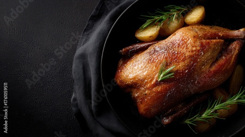 Overhead shot of baked duck, simple dark backdrop, copy space, rustic, warm tones