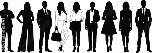 Business people silhouette set, professional attire icons, corporate fashion vector, standing pose design, office outfit illustration, team diversity art