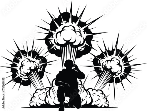 Explosion silhouette vector, kneeling soldier with radio, battlefield communication, dramatic blast scene, war concept, black and white illustration