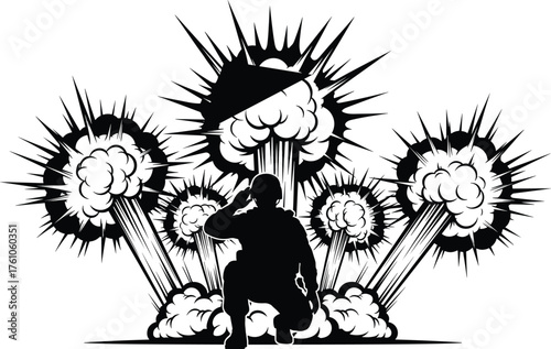 Explosion silhouette vector, dramatic blast scene, kneeling salute figure, war tribute art, military concept, black and white illustration