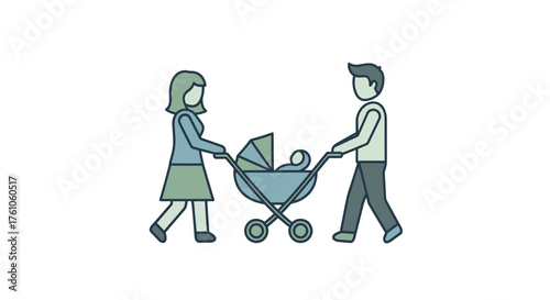 Family pushing a baby stroller with a newborn infant inside.