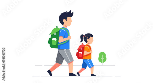 A father and daughter walking side by side carrying green and red backpacks for school or travel.