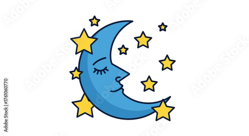Crescent Moon with Face and Stars Illustration.