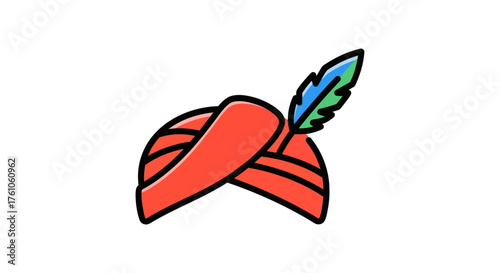 Vibrant Orange Turban with a Colorful Feather Accent.