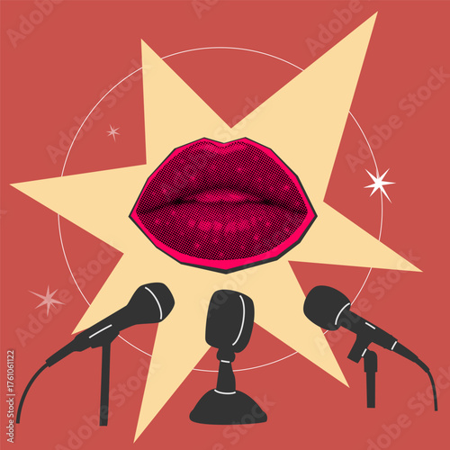Vector illustration of stylized lips and microphones in pop art paper cut style with halftone texture, representing media voice, opinion, fame, and public expression.