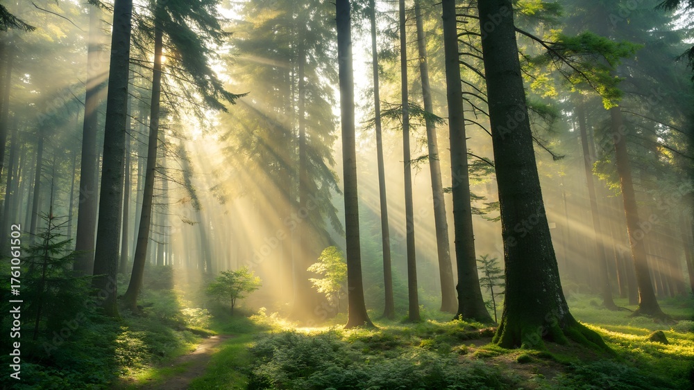 Naklejka premium Beautiful Rays of sunlight in a green forest
