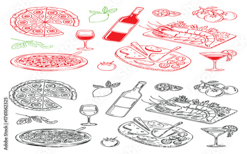 Hand drawn italian food and wine collection with pizzas pasta and appetizers