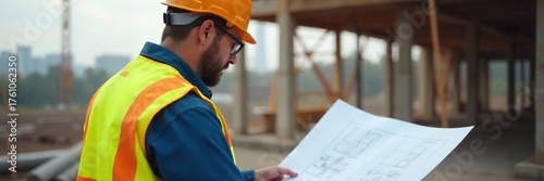 Focused Construction Worker Inspecting Building Site Blueprint, Emphasizing Workplace Safety and Detail