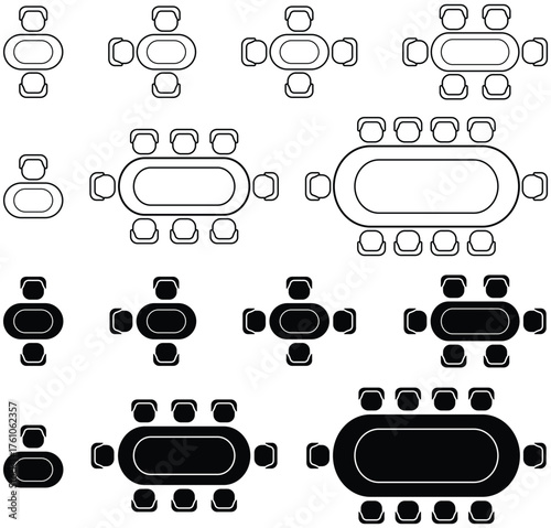 High-quality Design for conference tables and chairs in top view. Multiple meeting room layouts, dining table and seating plan Architectural floor plans, office design and interior layout presentation