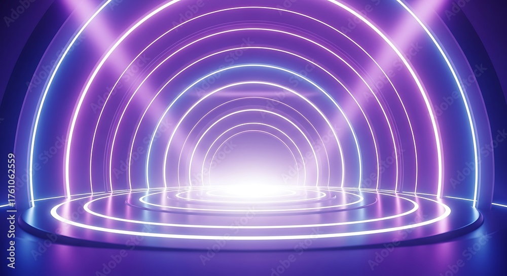 Fototapeta premium Futuristic neon archway tunnel with glowing purple and blue lights