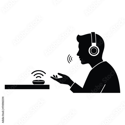 Person using voice assistant with smart speaker and headphones