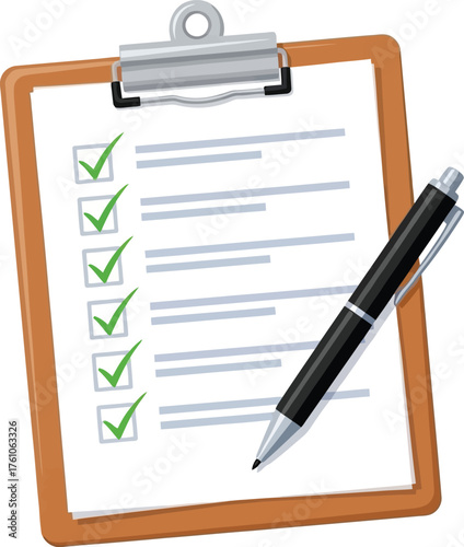 Clipboard with checklist and pen for task management and productivity goals flat design vector illustration isolated on transparent background