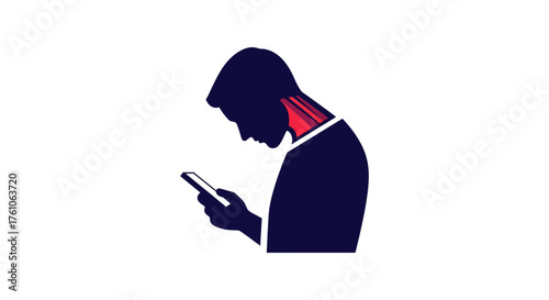 person using smartphone with neck pain browsing social media at home causing cervical pain for an infographic about health issues  ergonomics