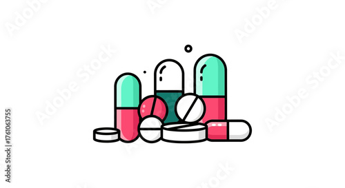 pharmaceutical pills various capsule medication with bright colors arranged in a pattern ideal for healthcare promotions and medical education materials.