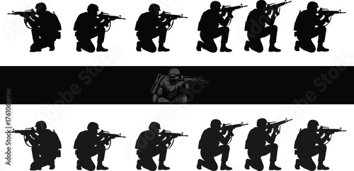 Kneeling soldier silhouette pattern, rifle aiming pose, highlighted central figure, military vector design, combat stance, black graphic artwork