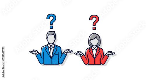 Question mark above people shrugging shoulders uncertainty and confusion about problem solving concept for indecision and doubts for marketing material.