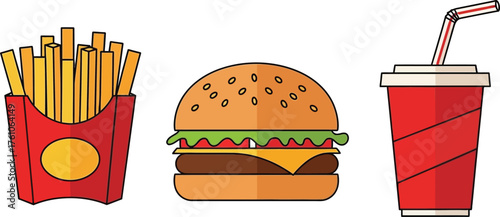 Classic fast food meal featuring a hamburger french fries and a soda drink flat design vector illustration isolated on transparent background
