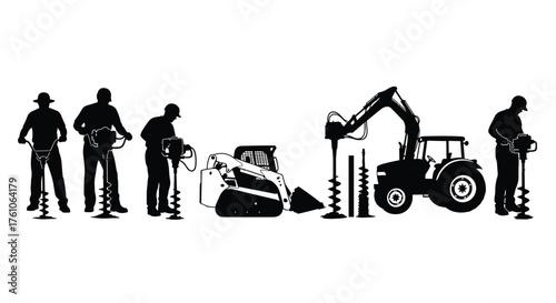 PrintAuger drilling progression, manual to machine, construction equipment, ground drilling, silhouette illustration, skid steer, tractor auger, labor, technology, evolution