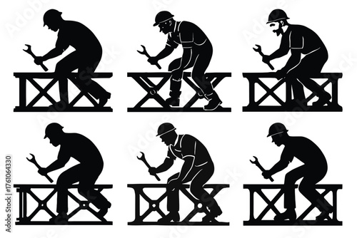 PrintBridge construction worker silhouette, steel truss wrenching, industrial labor pose, vector illustration,   black figure, engineering, maintenance, safety gear,  , 