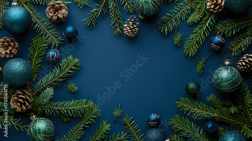 Blue Christmas balls and green fir tree branches arranged on navy background. Mockup for winter holiday designs, greeting cards, banners. Copy space.