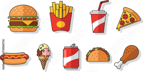 Collection of popular fast food items including burger fries soda pizza hot dog taco chicken flat design vector illustration isolated on transparent background
