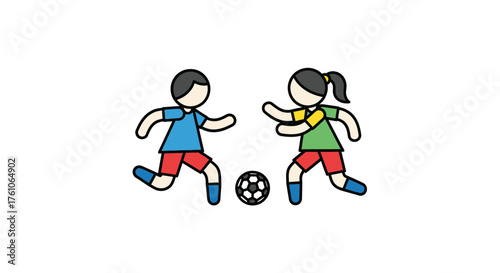 Colorful cartoon illustration of two children playing soccer with a ball.