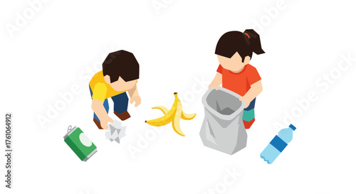 Children Cleaning Up Litter Collecting Trash and Recycling Waste.