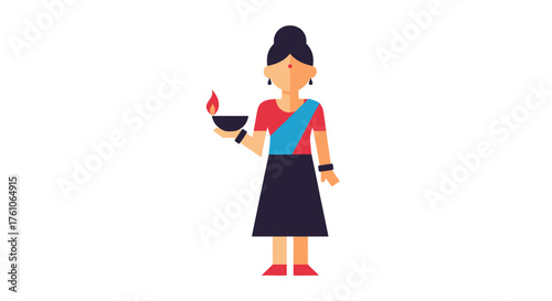 A flat vector illustration of an Indian woman in traditional clothing holding a lit diya oil lamp.