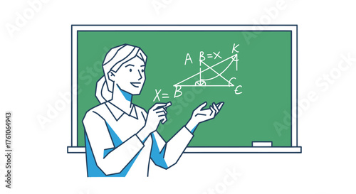 Woman teacher explaining geometry on a green chalkboard with mathematical formulas.