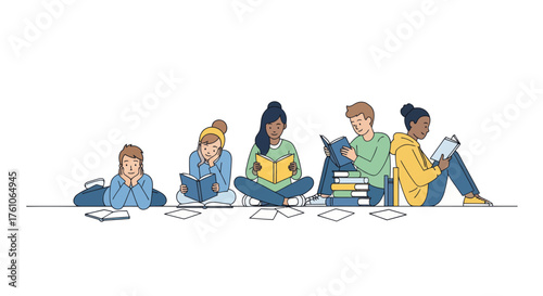 Diverse Group of Students Reading Books and Studying Together Illustration.