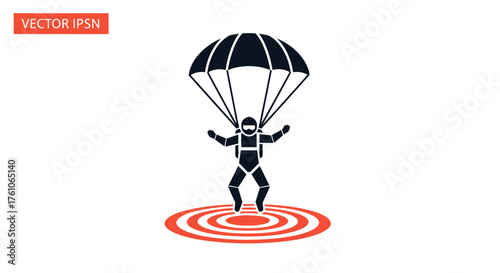 Silhouette of a skydiver descending onto a target.