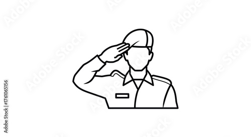 Line art illustration of a military soldier in uniform saluting with respect.