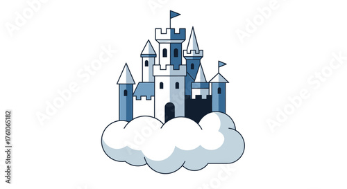 Whimsical Cartoon Fairytale Castle on a Fluffy Cloud with Flags.