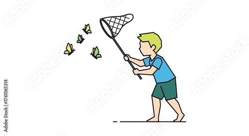 Young boy with a net chasing butterflies in a field.