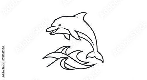 Line Art Illustration of a Happy Dolphin Jumping Over Ocean Waves.