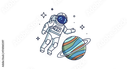 Cartoon Astronaut Floating Near Colorful Planet in Space.