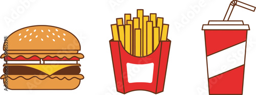 Classic american fast food meal a delicious hamburger french fries and a soda drink flat design vector illustration isolated on transparent background